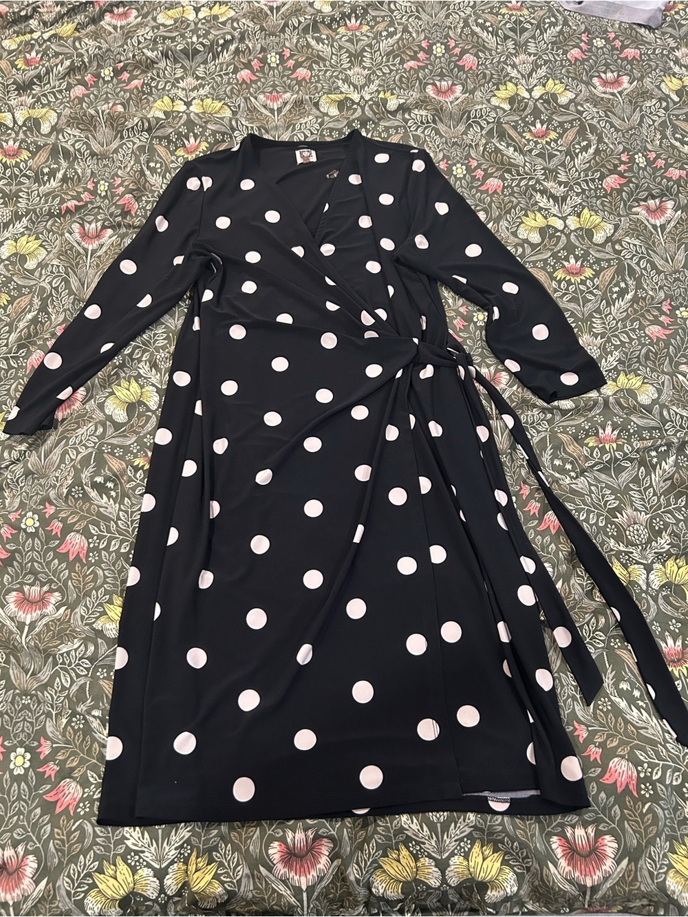 Anne Klein Black Wrap Midi Dress with Pink Polka Dots
